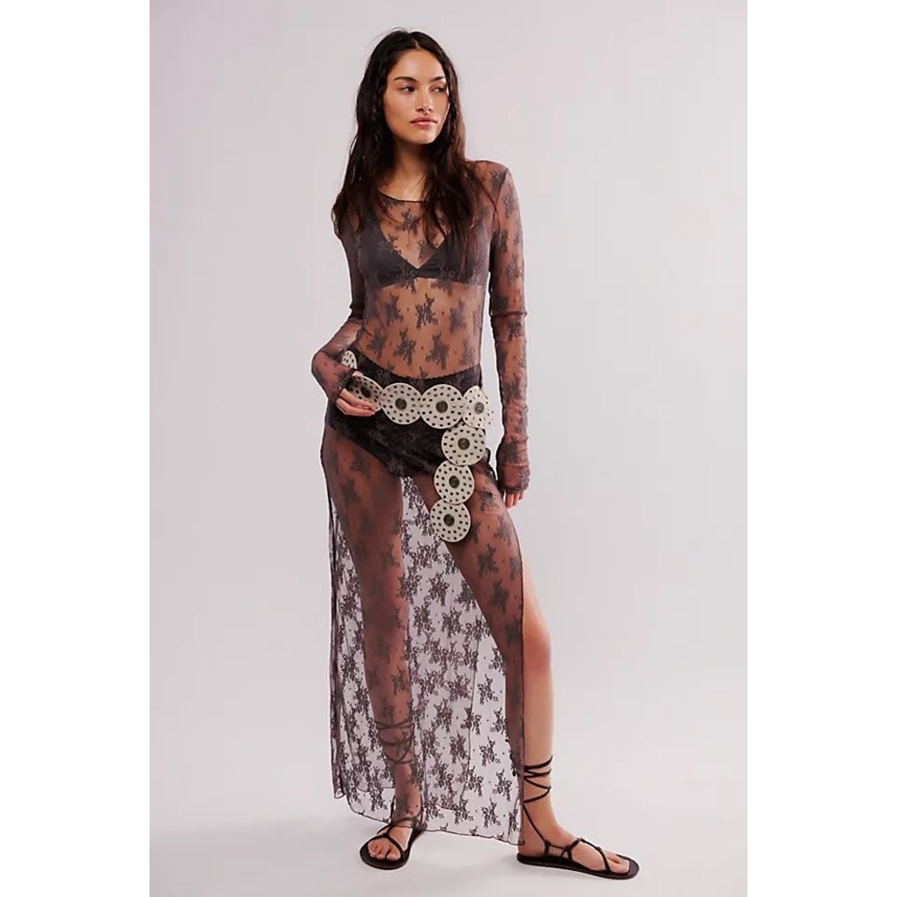 Free‎ People Intimately Floral Lace Maxi Sheer Long Sleeve Charcoal Grey size L